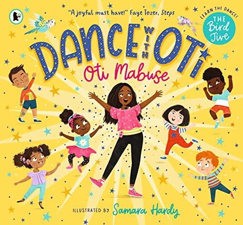 Oti Mabuse stands in the center surrounded by six diverse children dancing on yellow.