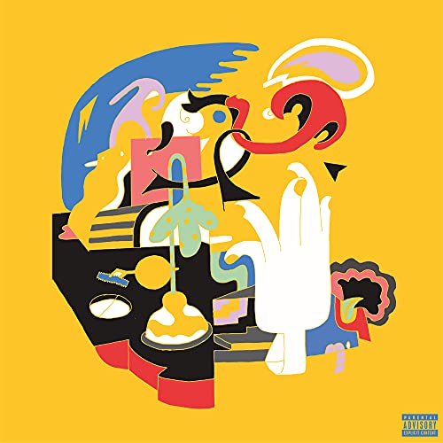 Mac Miller's "Faces" album cover: abstract, colorful shapes on a yellow background.