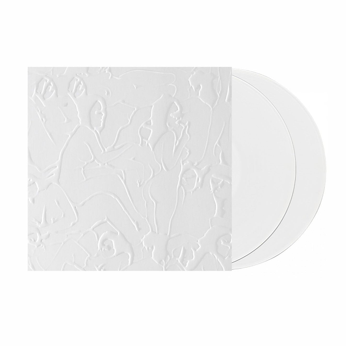 White vinyl record sleeve with embossed figures and two clear vinyl discs.