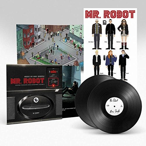 “Mr. Robot” Season 1 vinyl soundtrack with character art and two black records.