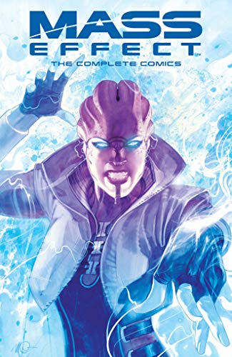 Mass Effect The Complete Comics cover featuring an Asari character surrounded by blue energy.
