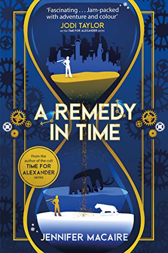 Book cover: hourglass with figures, gears, and city/animal scenes.