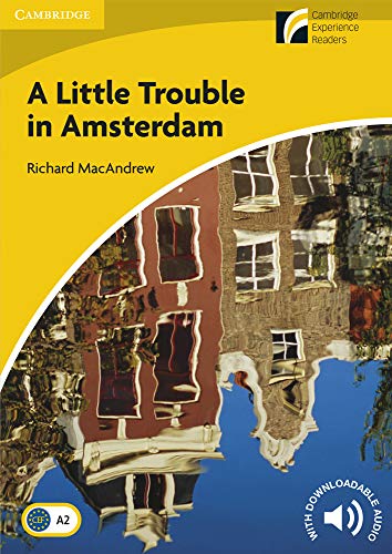 Book cover: "A Little Trouble in Amsterdam" with colorful canal houses.