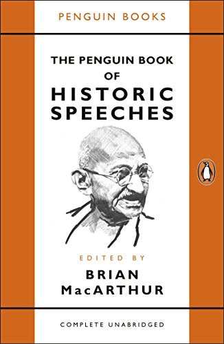 "The Penguin Book of Historic Speeches" cover with Gandhi's portrait and orange borders.