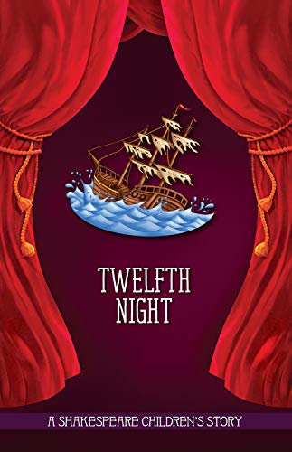 Book cover for "Twelfth Night" featuring a ship amidst waves and red curtains.