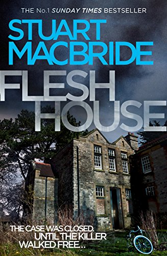 "Flesh House" book cover featuring a dilapidated stone house and a bicycle.