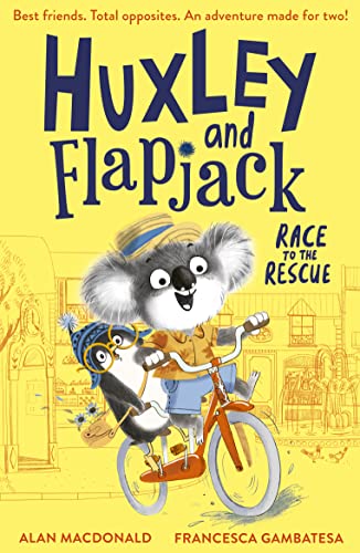 A koala and a penguin riding a bicycle on a yellow book cover.