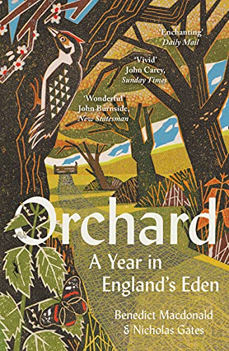 Book cover depicting a colorful orchard scene with a woodpecker and butterfly.
