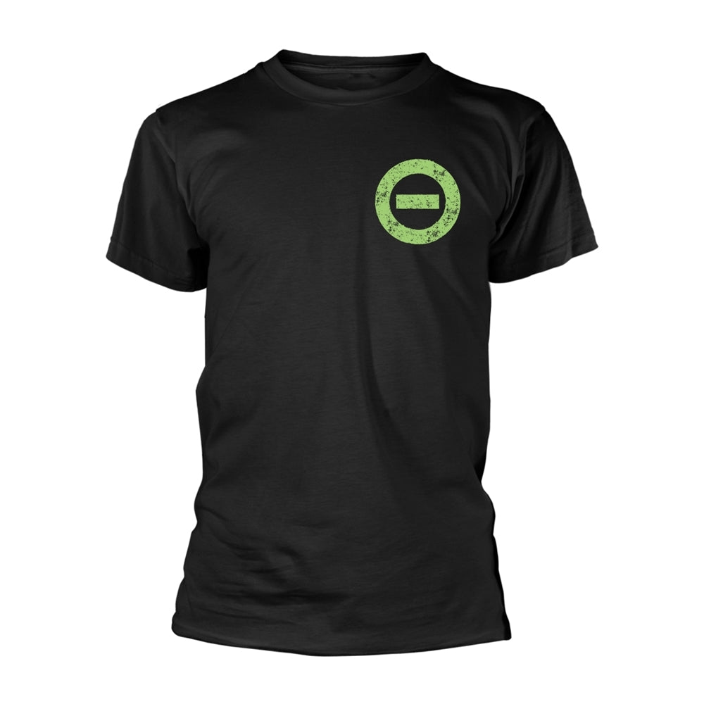 Black t-shirt with a distressed, green circular symbol on the chest.