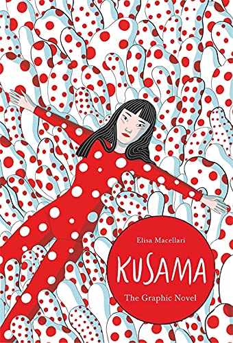 Red and white polka dots surround a woman in a red suit.