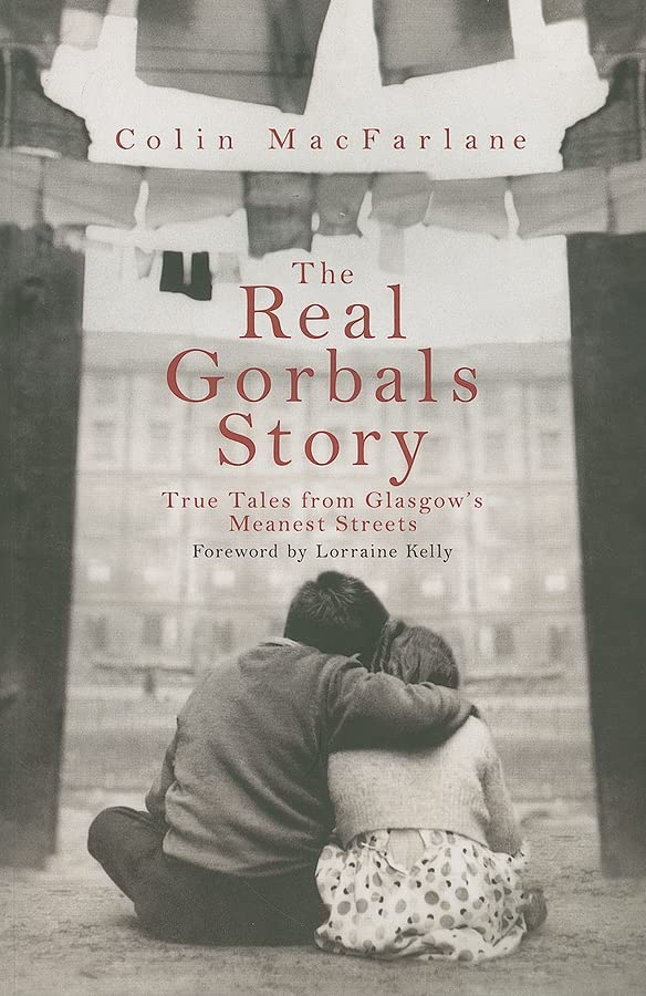 Book cover: two children embrace in a Glasgow street scene.