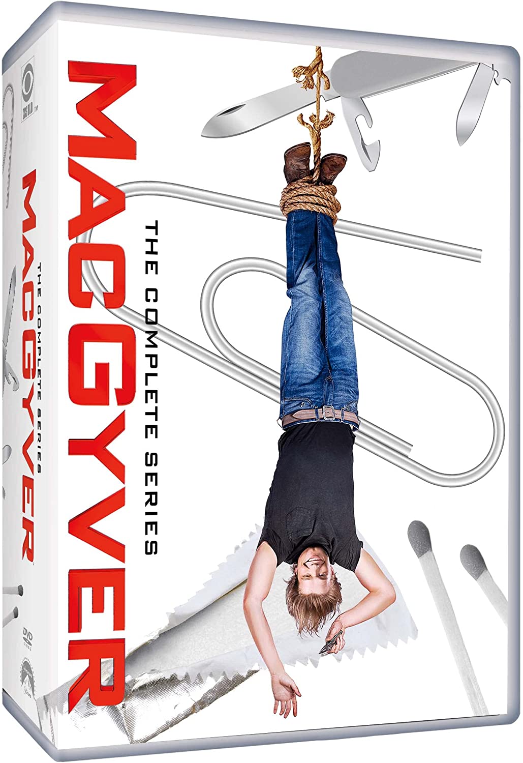 White DVD box set featuring man hanging upside down with rope and saw blades.