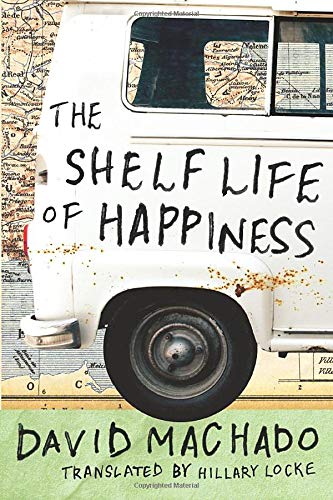 Book cover: "The Shelf Life of Happiness" with a vintage van illustration.