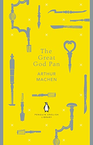 "Yellow book cover with blue surgical tools and title 'The Great God Pan'."