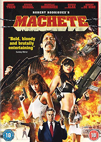 DVD cover for Machete featuring the cast against a background of fire and explosions.