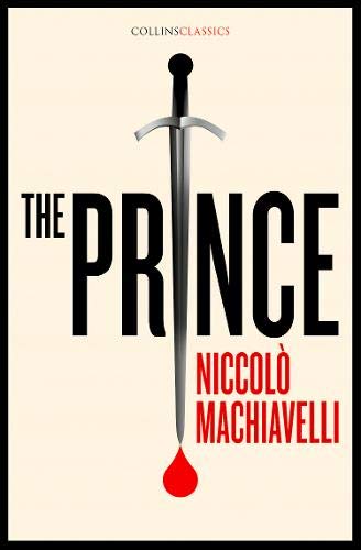 Book cover for "The Prince" by Machiavelli with a sword and red drop.