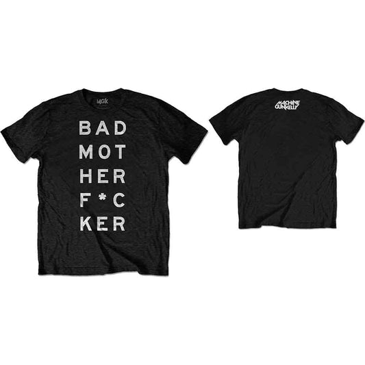 Black t-shirt with white text reading "BAD MOTHER F*CKER" on a model.