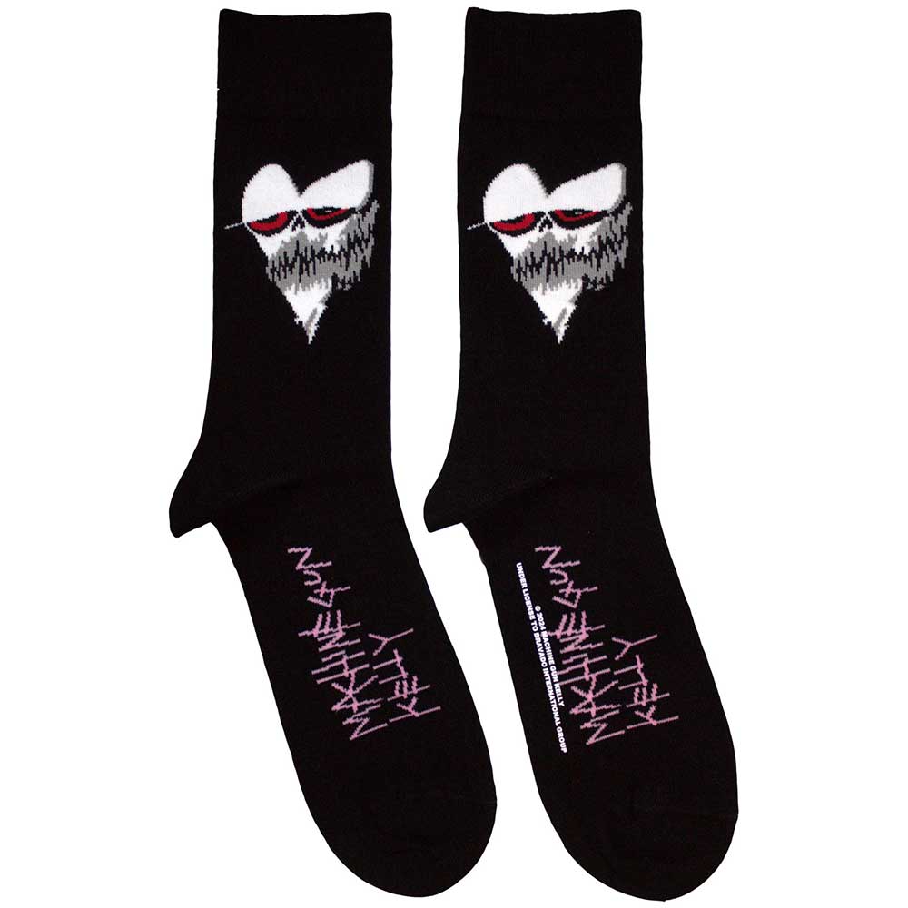 Black ankle socks featuring a repeating white heart-face graphic and Machine Gun Kelly branding.