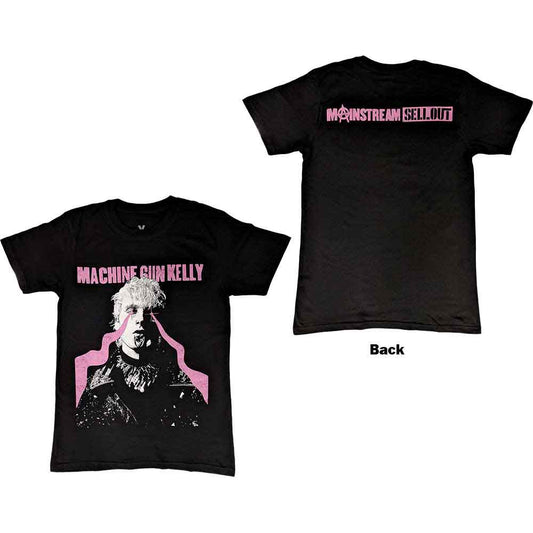 Black t-shirt with large back print of Machine Gun Kelly’s laser eye design.