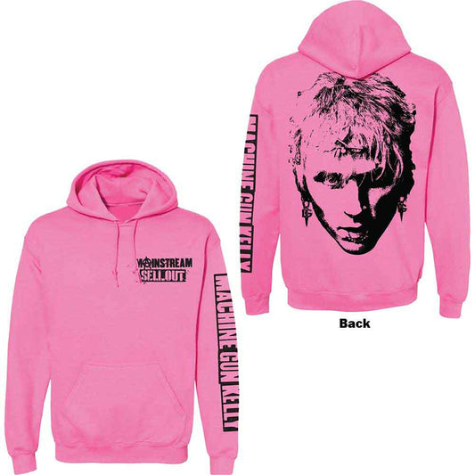 Pink unisex pullover hoodie with face graphics on the back and sleeves.