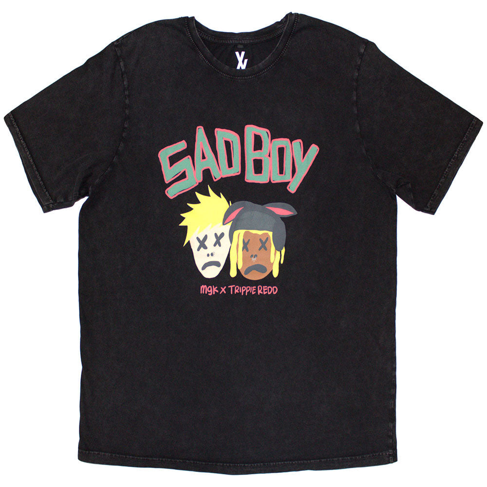 Stone wash t-shirt featuring Machine Gun Kelly's "Sad Boy" design, size large.