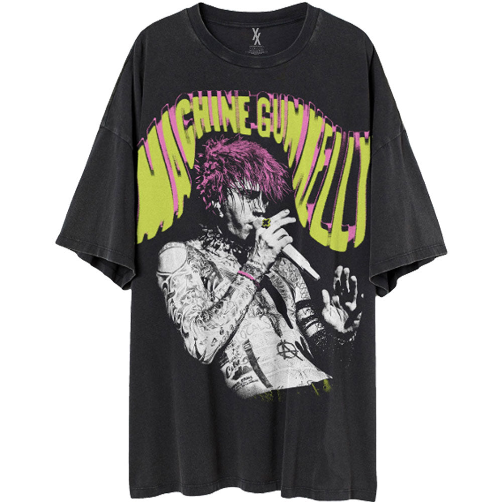 Black t-shirt featuring a graphic of Machine Gun Kelly with pink and yellow text.