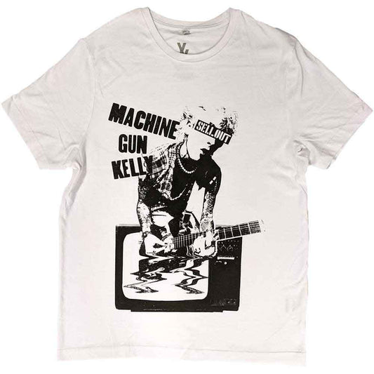 Black t-shirt with colorful, warped television graphic featuring Machine Gun Kelly.