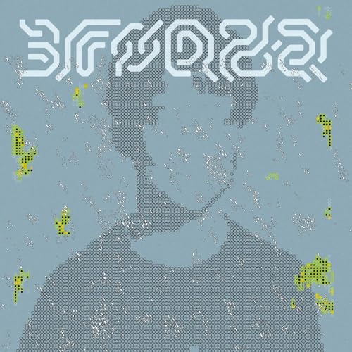 Digital portrait of a person made of dots on a blue background with text.