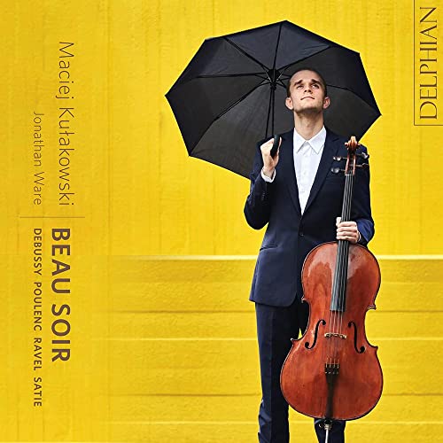 Man with cello and umbrella on yellow background, CD cover.