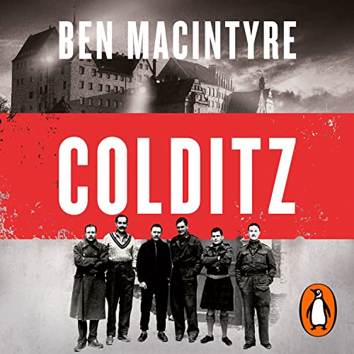 Book cover for “Colditz” featuring a castle and group of prisoners.