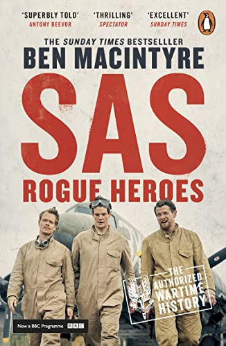 Book cover: "SAS: Rogue Heroes" with three men in wartime attire.