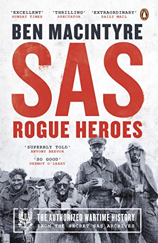 "Book cover with 'SAS Rogue Heroes' title, author Ben MacIntyre, and soldiers in uniform."