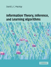 Book cover with abstract green, blue, and pink design, titled "Information Theory, Inference, and Learning Algorithms".