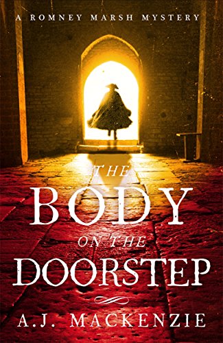 Book cover: a figure in a doorway, red and gold tones, mystery novel.