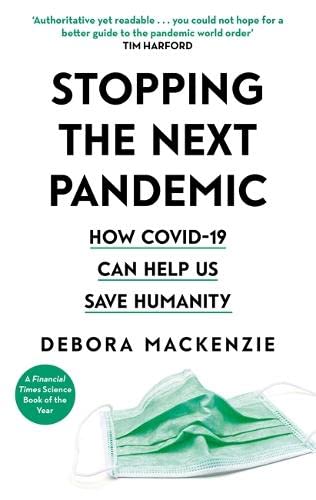 Book cover with bold title and a light green surgical face mask.