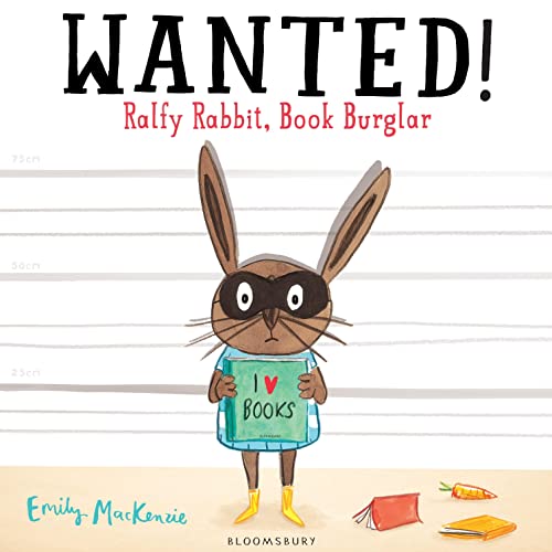A rabbit wearing a mask holds an I Love Books sign in a police lineup.