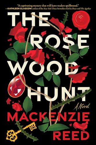 Book cover: “The Rosewood Hunt” with roses, keys, and a red gem.