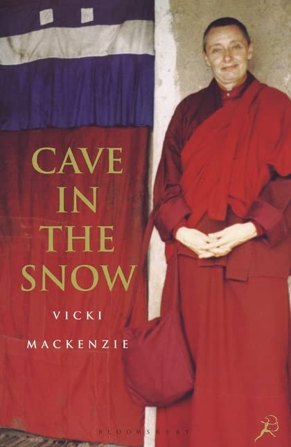 Book cover featuring a woman in red Buddhist robes standing beside a colorful banner.