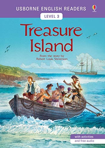 Cover of “Treasure Island” book with pirates in a rowboat at sea.
