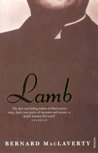 Book cover of "Lamb" featuring a man in clerical collar, sepia tone.