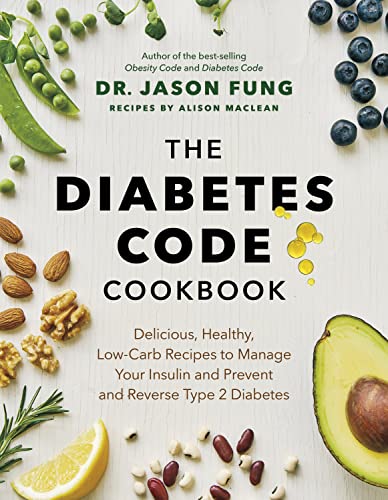 Cookbook cover with title "The Diabetes Code Cookbook" and surrounding produce.