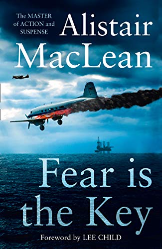 Book cover showing a burning airplane flying over the ocean toward an oil rig.