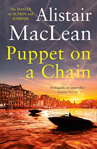 Book cover: “Puppet on a Chain” with a canal and boats at sunset.