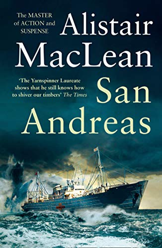 Book cover for "San Andreas" featuring a fishing boat in stormy seas.
