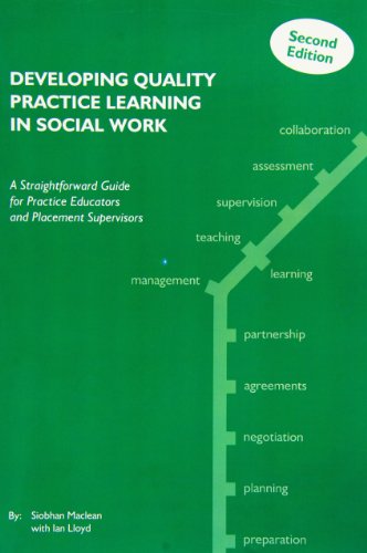 Green book cover with white text listing social work practice learning stages.
