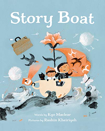 Children in a teacup boat on stylized waves with a flower and floating objects.