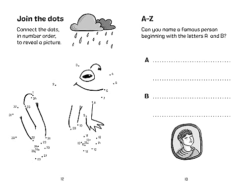 Black and white activity page with dot-to-dot, alphabet, and portrait exercises.