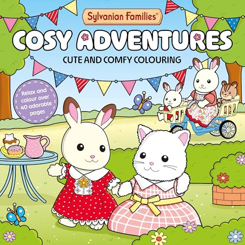 Sylvanian Families colouring book cover with animal characters and bunting.