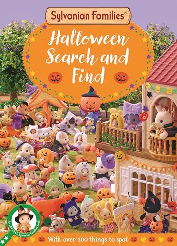 Sylvanian Families characters in Halloween costumes amidst pumpkins and a house.