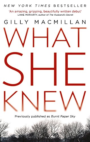Book cover: “What She Knew” with red title text and bare trees.
